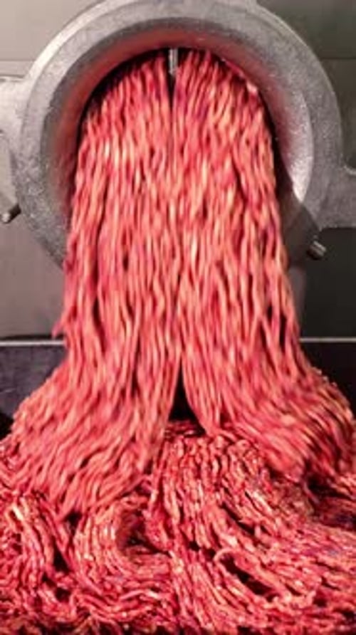 Freshly Ground Meat Flowing From a Meat Grinder Into a Pile Showcasing Texture and Color
