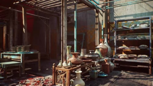 Empty Old Pottery Market Stall in Morning Sunlight