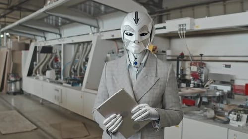 Robot Manager with Tablet at Work in Factory