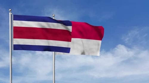 Costa Rica and Indonesia Flags Waving in Blue Sky