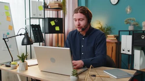 Business Man Wearing Headset Freelance Worker Call Center or Support Service Operator Helpline