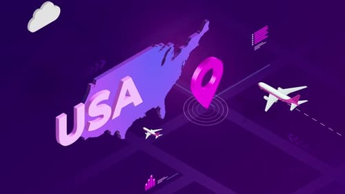 USA Isometric Map Travel Animation with Location Pin