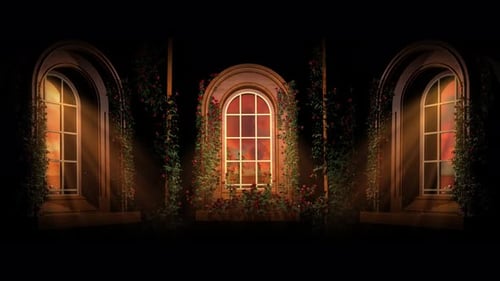 Animated Arched Windows with Climbing Roses and Warm Glowing Light