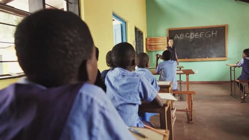 Back View of School Classroom of African Students Learning English Language