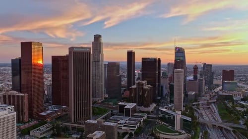 Sunset Over California City Drone View of Los Angeles Skyline Los Angeles Downtown Aerial Panorama