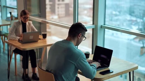 People working on computers in big spacious office with large windows.