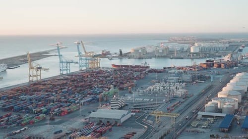 Industrial Port of Barcelona with Ships Cargo Containers and Loading Cranes