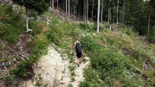 Drone footage of two guys hiking up the hill in the woods up to a mountain in 4k. The drone is follo