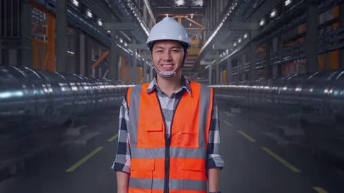 Factory Worker Smiling Confidently in Industrial Setting