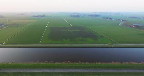 Aerial view of canal Eemskanaal and countryside, Groningen, The Netherlands.