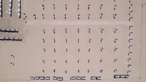 Lines of closed umbrellas in sandy beach, top down aerial view