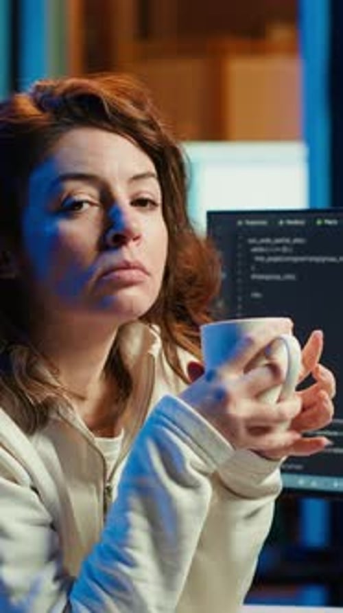 Vertikales Videoporträt eines lächelnden IT-Spezialisten, der Kaffee trinkt und Code schreibt