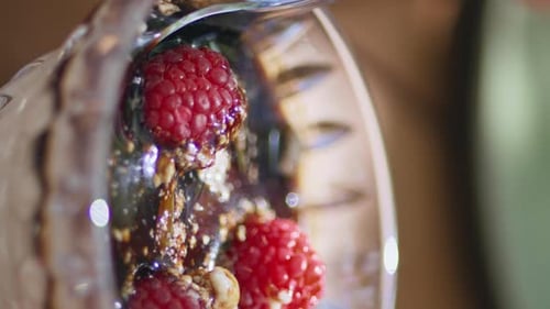 Lady Hands Taking Dessert Berries at Cafe Closeup Woman Eating Mousse Vertical