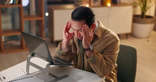Headache, stress and business man with pain in office on deadline, financial crisis