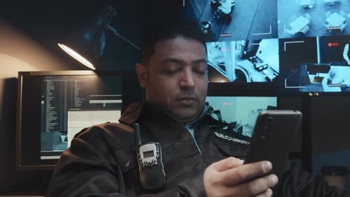 Agent de sécurité utilisant un smartphone pendant la journée de travail