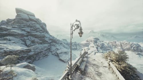 Winter Landscape with a Vintage Lamp Post and Majestic Mountain Backdrop