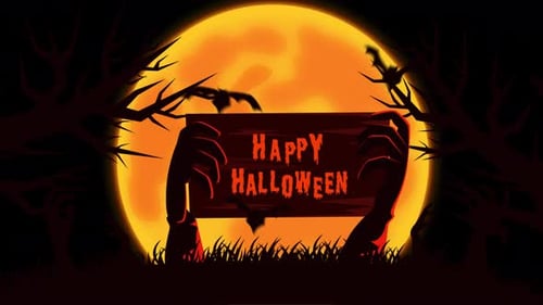 Happy Halloween Zombie Hands and Bats Full Moon Animation