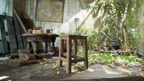 Abandoned Rustic Room with Overgrown Plants