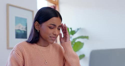 Woman, headache and pain on computer studying, e learning and education fail