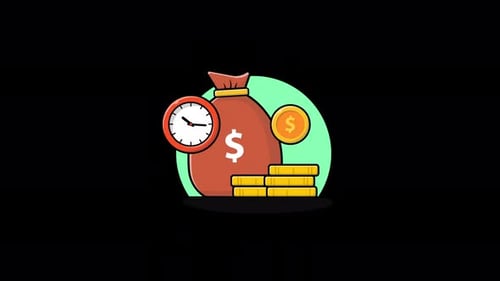 Flat Design Animated Financial Icons with Money Bag, Clock, and Coins