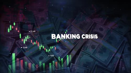 Banking Crisis Words On Economic Background With Decrease Bar Chart Graph And Arrow
