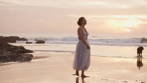 Carefree Young Woman in Dress Dancing on Sandy Beach at Sunset