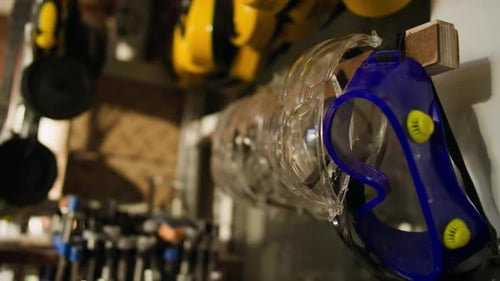 Safety Glasses in Woodworking Workshop