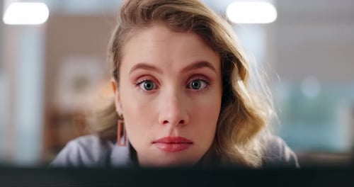 Confused, laptop and businesswoman in office at night with misunderstanding on stock market crash