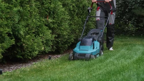 Gardener Actively Mowing the Lawn with a Cordless Rotary Mower