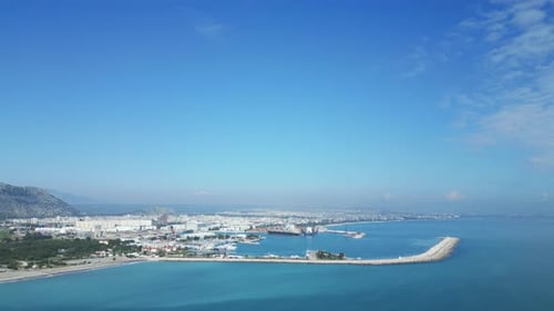 Aerial Shot the Camera is Approaching the Cargo Seaport in Turkey Antalya