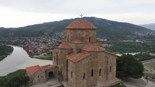 Aerial shot of Jvari church Mtskheta Georgia