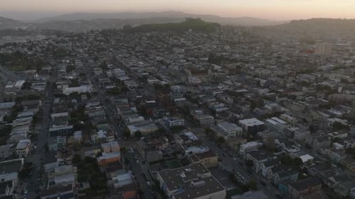 Forwards Fly Above Houses in Residential Urban Borough at Twilight Aerial View of Town Development