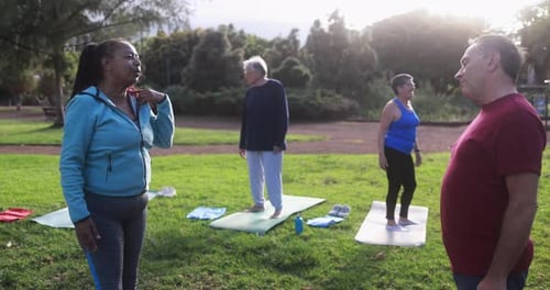 Multiracial Senior People Doing Yoga Exercises Outdoor with City Park in Background