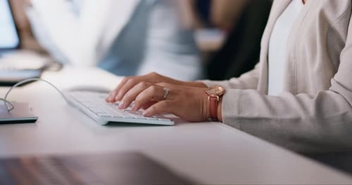 Hands of woman on keyboard in office, typing email or online report for business schedule or agenda