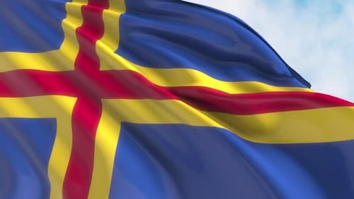 Realistic Waving Flag of Åland Nation Against a Cloudy Sky Background
