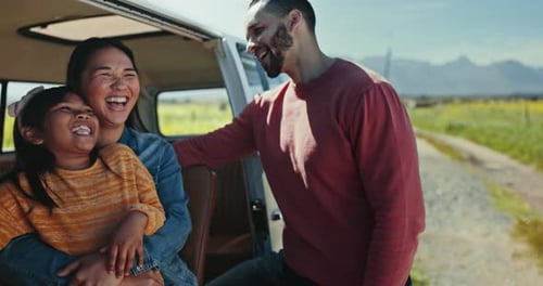 Family, laughing and parents with girl for road trip, adventure and explore on holiday