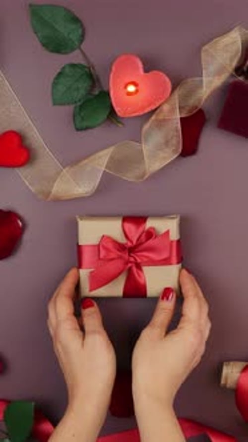 Woman Places Gift in Romantic Flat Lay Setting