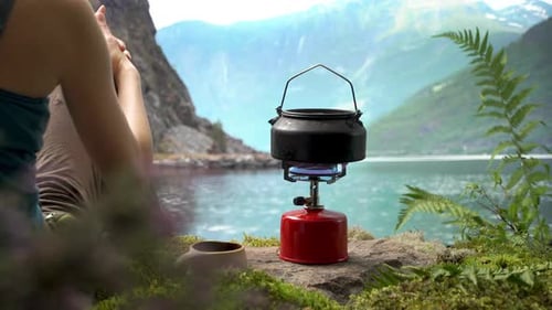 Scenic Lakeside Camping Stove Boiling Pot Outdoors