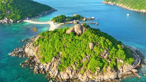 Amazing island with beautiful sandbars from drone view. 4K.