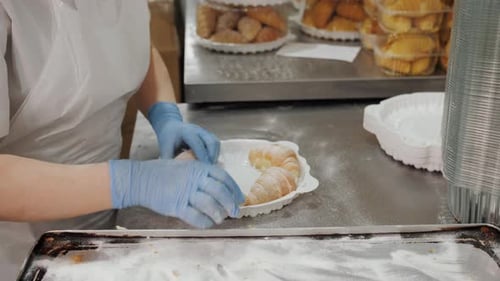 Packing Pastries in Boxes in Industrial Bakery Close Up