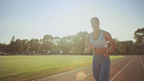 Beautiful Fitness Woman in Light Blue Athletic Top and Leggings Jogging in a Stadium. She is Runnin
