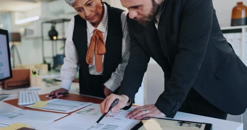 Documents, meeting and business people in office for planning, strategy and finance sales