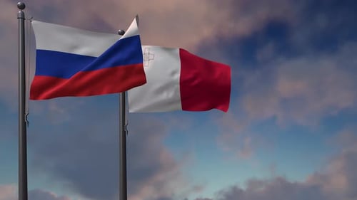 Russia and Malta Flags Waving with Realistic 3D Animation