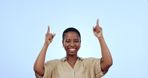 Studio face, excited black woman and pointing up at advertisement, discount services, or branding