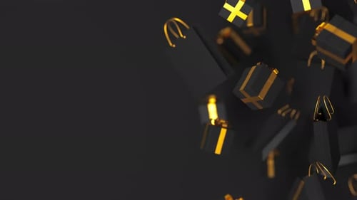 Black Gift Boxes with Golden Ribbon Shopping Bags Floating Rotating on Black Background Shopping