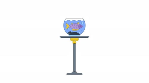 Dead fish floating in round fishbowl placed on table stand 2D cartoon object animation