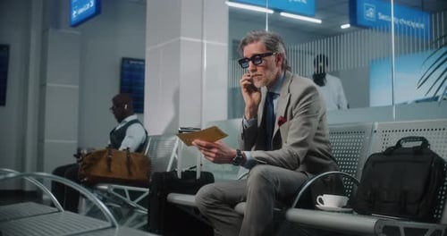 Airport Terminal Serious Entrepreneur Irritated About Flight Delay Talking on Phone