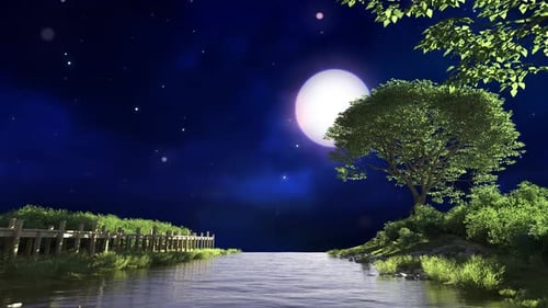Peaceful Animated Night Landscape with Moon and Flowing River