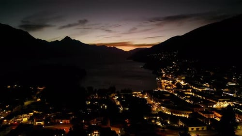 Night aerial view over Queenstown central. New Zealand