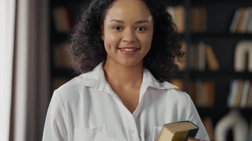 African American Girl Study with Books Happy Female Student College High School Worker Holding